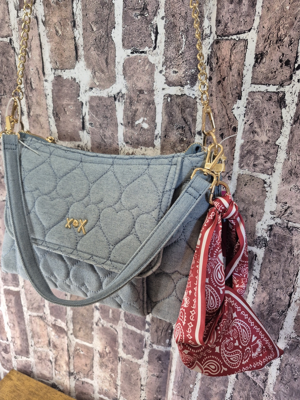Betsey Johnson Denim Quilted Heart Crossbody Bag XOX With Bandana - Picture 6 of 16